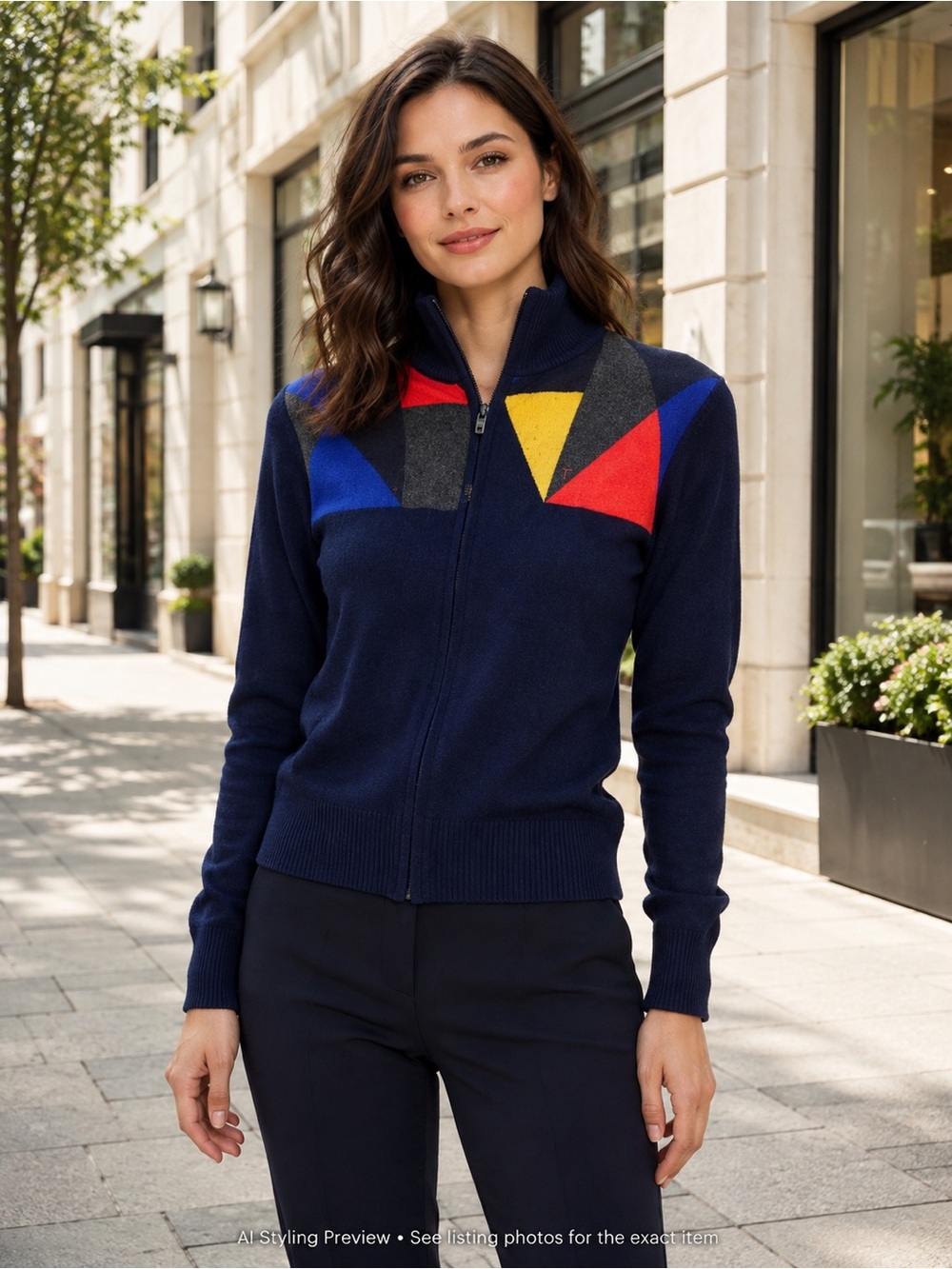 Louis Philippe Geometric Colourblock Wool Blend Zip Cardigan